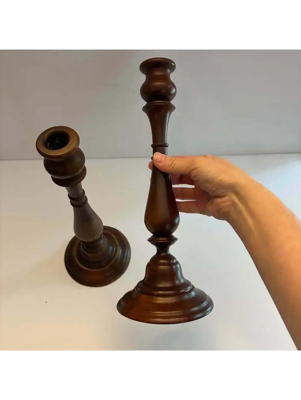Pair Vintage Turned Wood Candlestick Holders Dark Wood Taper Candle Stands